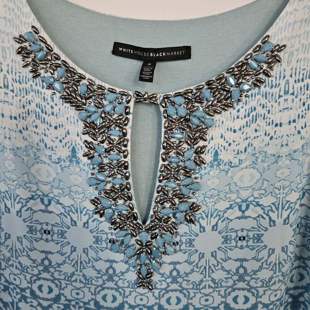 White House Black Market WHBM Beaded Neck Swingy Dress Sz S Blue Black Cream - Picture 3 of 11